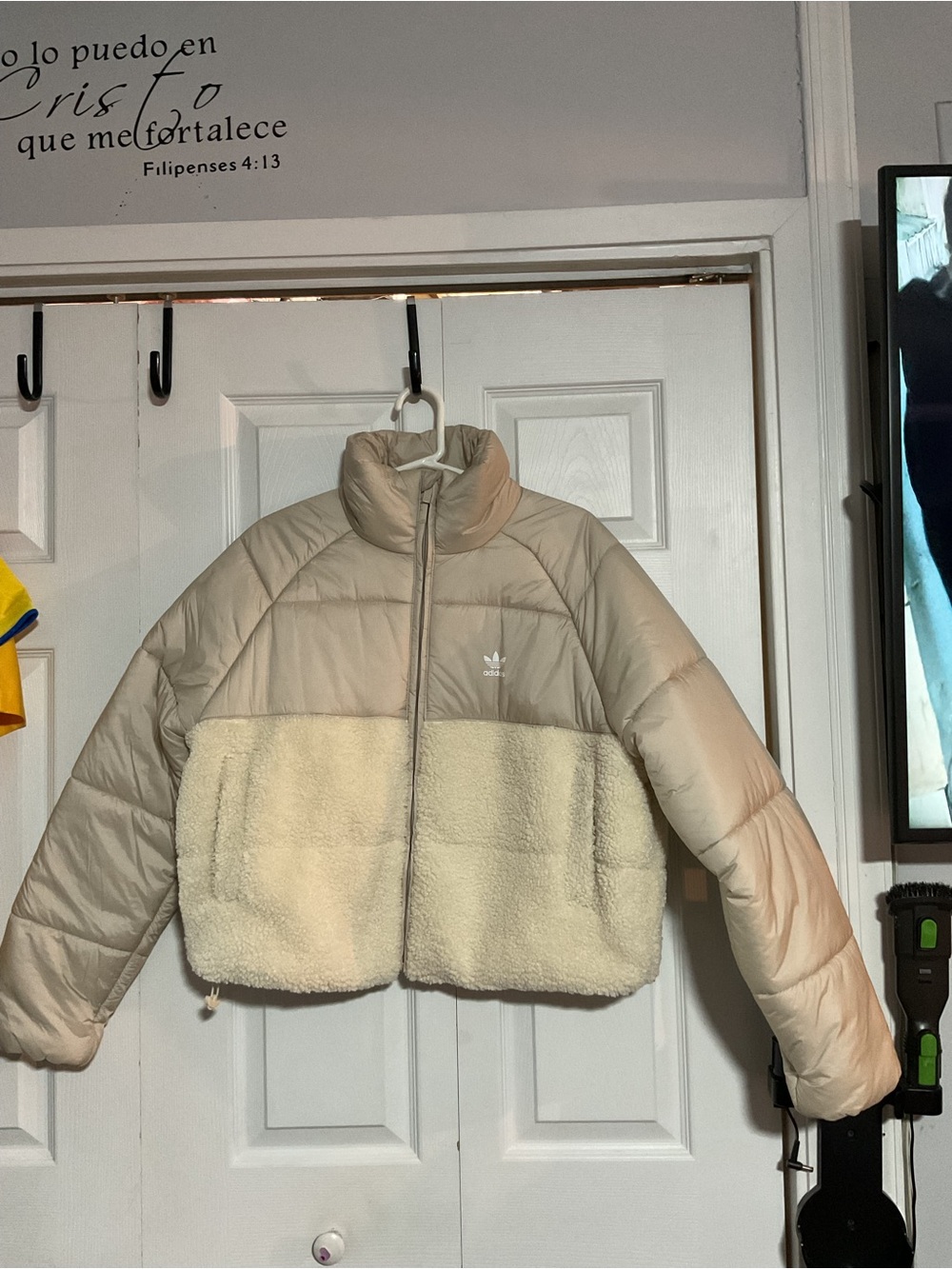 Adidas Two-Tone Cream Sherpa Puffer Jacket